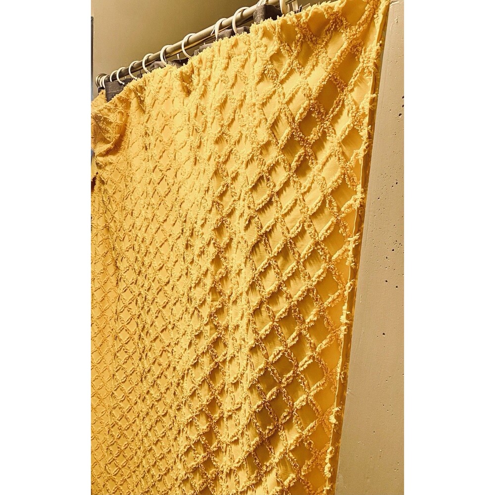 Chenille Shower Curtain Yellow Diamond Pattern Retro Cottagecore Cotton  72 X 72